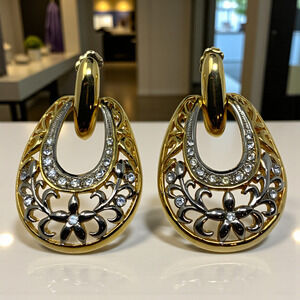 Vintage NEW Nadri Gold Silver Floral Openwork CZ Teardrop Doorknocker Earrings